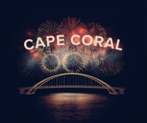Cape Coral fireworks lighting up the sky over the Cape Coral Parkway Bridge