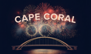 Cape Coral fireworks lighting up the sky over the Cape Coral Parkway Bridge