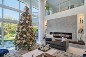A modern, decorated holiday living room in a vacation rental