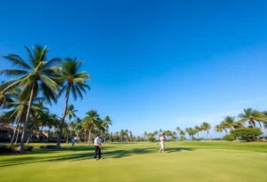A sunny Florida golf course lined with palm trees